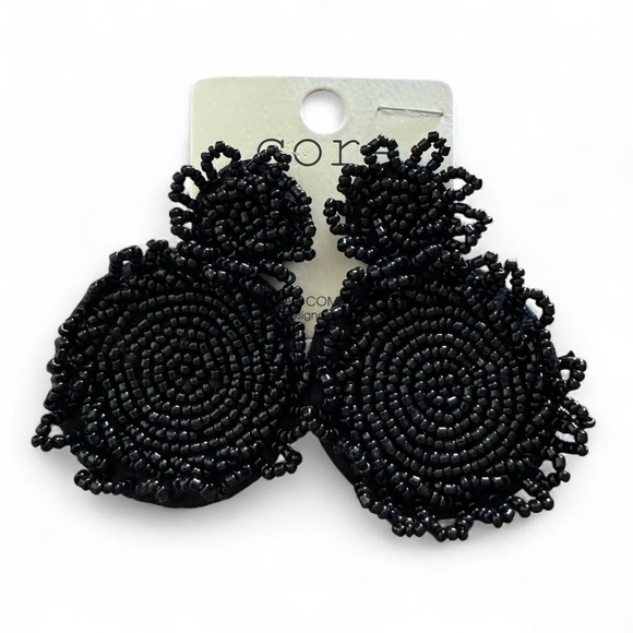 Core Boutique Jewelry - Elegant Black Beaded Statement Drop Earrings, Round Bohemian Oversized Style